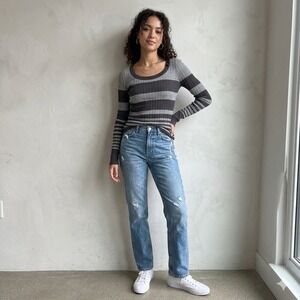 Mudd Sweater Womens L Gray Striped Ribbed Indie Sleaze Bella Swan Grunge Top